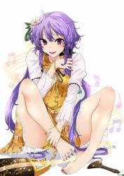 Rule 34 | 1girl, bad id, bad pixiv id, bare shoulders, breasts, chain, fingernails, flower, hair flower, hair ornament, hairband, highres, instrument, long fingernails, long hair, long toenails, looking at viewer, lute (instrument), messy hair, nail polish, open mouth, purple eyes, purple hair, rihito (usazukin), smile, solo, sweatdrop, toenail polish, toenails, toes, touhou, tsukumo benben, twintails