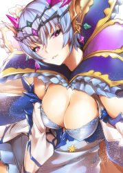 Rule 34 | 1girl, bare shoulders, blue dress, blue hair, breasts, cleavage, commentary request, detached sleeves, dress, granblue fantasy, hair between eyes, highres, large breasts, lipstick, looking at viewer, macula marius, makeup, nukkoru, parted lips, pink eyes, short hair, simple background, smile, solo, tiara, white background
