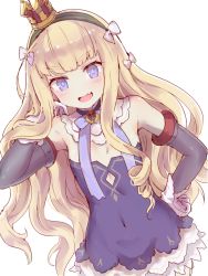 Rule 34 | 1girl, :d, azur lane, bare shoulders, black choker, blonde hair, blue dress, blue eyes, blue ribbon, blunt bangs, bow, breasts, brooch, choker, covered navel, cowboy shot, crown, detached collar, detached sleeves, dress, fang, gloves, hair bow, hairband, hand on own hip, hand up, isao (wasamoti), jewelry, long hair, looking at viewer, mini crown, neck ribbon, open mouth, queen elizabeth (azur lane), ribbon, simple background, skin fang, small breasts, smile, solo, standing, thick eyebrows, v-shaped eyebrows, very long hair, wavy hair, white background, white bow, white gloves