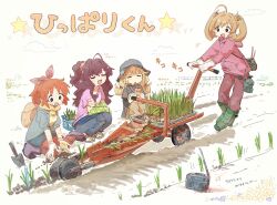 Rule 34 | 4girls, :3, abe nana, ahoge, alternate costume, alternate hairstyle, arm warmers, bag, belt pouch, black eyes, black shirt, blonde hair, blush, boots, brown hair, bucket hat, closed eyes, commentary request, crops, day, denim, dirty hands, double bun, farming, full body, futaba anzu, gloves, green footwear, hair bobbles, hair bun, hair ornament, hair ribbon, hair scrunchie, hat, hat on back, highres, hood, hood down, hooded jacket, ichinose shiki, idolmaster, idolmaster cinderella girls, jacket, jeans, layered sleeves, long sleeves, medium hair, multiple girls, musical note, nendo23, open mouth, orange hair, outdoors, pants, pink jacket, ponytail, pouch, radio, red pants, ribbon, rice transplanter, sandals, sato shin, scrunchie, shirt, short over long sleeves, short sleeves, shoulder bag, smile, sprout, straw hat, translation request, trowel, twintails, v-shaped eyebrows, white gloves, work gloves