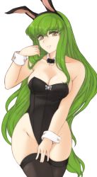 Rule 34 | 1girl, animal ears, bare shoulders, black thighhighs, breasts, c.c., choker, cleavage, code geass, collarbone, cowboy shot, detached collar, fake animal ears, female focus, green hair, highres, leotard, long hair, looking at viewer, medium breasts, parted lips, playboy bunny, rabbit ears, solo, thighhighs, transparent background, tridis, tridisart, white background, wrist cuffs, yellow eyes