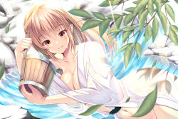 Rule 34 | 1girl, blurry, blurry foreground, blush, bottomless, breasts, brown eyes, brown hair, cleavage, dutch angle, highres, large breasts, long hair, navel, open clothes, original, outdoors, rankiryuu, smile, solo, water, wet, wet clothes