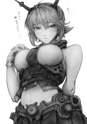 Rule 34 | 10s, 1girl, arm behind back, bare shoulders, blush, breasts, gloves, greyscale, imizu (nitro unknown), kantai collection, large breasts, midriff, monochrome, mutsu (kancolle), short hair, simple background, solo, standing, translation request, white background