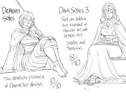 Rule 34 | 2girls, bandages, barefoot, bb (baalbuddy), cape, circlet, closed mouth, commentary, dark souls (series), dark souls iii, demon&#039;s souls, dress, english commentary, fire keeper, greyscale, highres, holding, jewelry, long dress, looking at viewer, maiden in black, monochrome, multiple girls, necklace, no eyes, pun, short hair, smile, toes