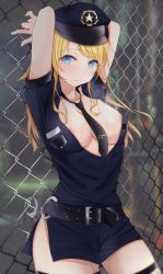 Rule 34 | 1girl, absurdres, against fence, areola slip, arms behind head, arms up, bad id, bad pixiv id, belt, black belt, black hat, black necktie, black skirt, blonde hair, blue eyes, blue shirt, blurry, blurry background, breasts, cleavage, closed mouth, collarbone, cowboy shot, cuffs, dress shirt, fence, fishnet thighhighs, fishnets, hachimiya meguru, handcuffs, hat, highres, idolmaster, idolmaster shiny colors, kunimine yuzuki, large breasts, long hair, looking at viewer, miniskirt, necktie, open clothes, open shirt, pencil skirt, police, police hat, police uniform, policewoman, shirt, short sleeves, side slit, skirt, solo, standing, swept bangs, thighhighs, uniform