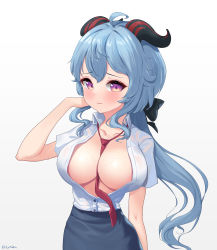 Rule 34 | 1girl, absurdres, ahoge, between breasts, blouse, blue hair, blue skirt, blush, bow, breasts, cleavage, collarbone, elsynien, ganyu (genshin impact), genshin impact, highres, horns, large breasts, long hair, low ponytail, necktie, necktie between breasts, office lady, open clothes, open shirt, purple eyes, shirt, sidelocks, skirt, solo, sweat, upper body, white background, white shirt