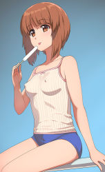 Rule 34 | 1girl, :p, a1 (initial-g), blue shorts, blunt bangs, breasts, brown eyes, brown hair, collarbone, commentary request, covered erect nipples, food, girls und panzer, holding, holding food, medium breasts, nishizumi miho, popsicle, short hair, short shorts, shorts, sitting, sleeveless, solo, striped, thighs, tongue, tongue out, vertical stripes