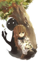 Rule 34 | 1girl, brown hair, deemo, deemo (character), dress, dutch angle, girl (deemo), heidyw, highres, plant, potted plant, sitting, tree