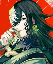 Rule 34 | 1boy, ashiya douman (fate), asymmetrical hair, babi (babi vonn), black eyes, black hair, close-up, curly hair, earrings, evil smile, eyeshadow, fate/grand order, fate (series), fingernails, from side, green eyeshadow, green kimono, green lips, green nails, hair between eyes, hair intakes, head tilt, holding, japanese clothes, jewelry, kimono, licking, licking finger, lipstick, long hair, looking at viewer, magatama, magatama earrings, makeup, male focus, multicolored hair, nail polish, open clothes, open kimono, sharp fingernails, smile, solo, split-color hair, tongue, tongue out, two-tone hair, upper body, very long fingernails, very long hair, white hair