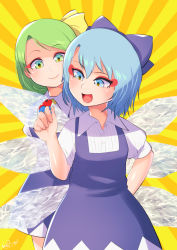 Rule 34 | 2girls, blouse, blue dress, blue eyes, blue hair, bow, carte, cirno, collared shirt, daiyousei, dress, frog, green eyes, green hair, hair bow, hair ribbon, highres, ice, ice wings, multiple girls, on finger, open mouth, puffy short sleeves, puffy sleeves, ribbon, shirt, short hair, short sleeves, smile, touhou, white shirt, wings