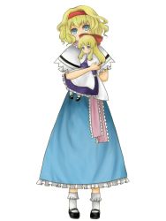 Rule 34 | 1girl, alice margatroid, apron, arm up, blonde hair, blue dress, blue eyes, bobby socks, bow, capelet, carrying, covering face, covering own mouth, covering privates, doll, dress, female focus, full body, hair bow, head tilt, headband, highres, huyakeru, kneehighs, long hair, looking at viewer, mary janes, ribbon, sash, shanghai doll, shoes, short hair, sidelocks, simple background, socks, solo, standing, touhou, white background, white socks
