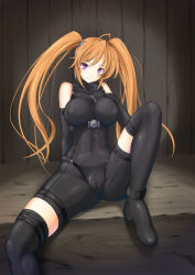 Rule 34 | 10s, 1girl, ahoge, anklet, arm behind back, black gloves, black thighhighs, blonde hair, blush, bodysuit, boots, breasts, cameltoe, clenched hand, covered erect nipples, cross, cross necklace, crotch, elbow gloves, gloves, hand on breast, hassen (8cm), high school dxd, high school dxd new, highres, hip focus, impossible clothes, jewelry, knee up, large breasts, light smile, long hair, looking at viewer, necklace, orange hair, parted bangs, purple eyes, scrunchie, shidou irina, sidelocks, sitting, skin tight, smile, solo, spread legs, strap, swept bangs, thigh boots, thigh strap, thighhighs, twintails, unitard, very long hair, wood, zettai ryouiki