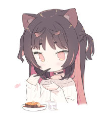 Rule 34 | 1girl, animal ear fluff, animal ears, black choker, black hair, blade (galaxist), blush, cat ears, chibi, choker, chopsticks, commentary request, cropped torso, cup, drinking glass, fish (food), food, food request, hands up, holding, holding chopsticks, long hair, long sleeves, multicolored hair, nekoyama nae, pink eyes, pink hair, short eyebrows, simple background, sleeves past wrists, solo, sweater, thick eyebrows, toranoana, two-tone hair, two side up, upper body, virtual youtuber, white background, white sweater