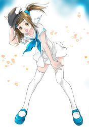 Rule 34 | 10s, 1girl, alternate costume, bad id, bad pixiv id, bow, braid, braided bangs, brown eyes, brown hair, cabbie hat, dress, hair bow, hair ornament, hairclip, hat, kaburagi kaede, mary janes, one side up, sailor collar, shoes, side ponytail, solo, tiger &amp; bunny, yazh
