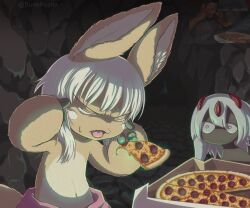 Rule 34 | 2girls, absurdres, animal ears, blurry, blurry background, brown fur, bune poster, closed eyes, commentary request, dark-skinned female, dark skin, faputa, furry, furry female, hand up, highres, looking at another, made in abyss, man levitating pizza (meme), meme, multiple girls, nanachi (made in abyss), pizza box, tongue, tongue out, upper body, whiskers, white hair