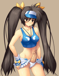 Rule 34 | 1girl, black hair, blush, bow, bow panties, breasts, brown hair, censored, clothes lift, covered erect nipples, erection, fingerless gloves, foreskin, futanari, gloves, hair ribbon, hands on own hips, hasumi eri, highres, large breasts, long hair, midriff, miniskirt, mosaic censoring, navel, no testicles, panties, penis, penis in panties, phimosis, red eyes, ribbon, simple background, skirt, skirt lift, solo, sports bra, twintails, underwear, upskirt, vanguard princess, veins, veiny penis, very long hair, visor, visor cap, white gloves, white panties, yellow bow, yn red
