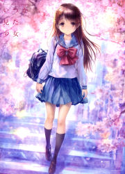 Rule 34 | 1girl, absurdres, artist request, bag, black legwear, blue skirt, blush, braid, brown eyes, brown footwear, brown hair, cherry blossoms, day, dutch angle, english text, goto p, highres, loafers, long hair, long sleeves, looking at viewer, original, outdoors, parted lips, pleated skirt, red neckwear, scan, school bag, school uniform, serafuku, shirt, shoes, skirt, solo, stairs, standing, white shirt