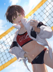 Rule 34 | 1girl, :d, ahoge, artist name, backlighting, black buruma, blue sky, bottle, breasts, brown hair, buruma, commentary, cowboy shot, dutch angle, hand on own hip, hand up, holding, holding bottle, jacket, lens flare, long sleeves, looking at viewer, midriff, navel, open clothes, open jacket, open mouth, original, oto1 030, outdoors, red buruma, red sports bra, short hair, sky, small breasts, smile, solo, sports bra, stomach, symbol-only commentary, teeth, tomboy, track jacket, upper teeth only, volleyball net, water bottle, white jacket, yellow eyes