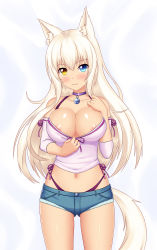 Rule 34 | 10s, 1girl, :3, animal ear fluff, animal ears, areola slip, bad id, bad pixiv id, bare shoulders, bell, blue eyes, blush, breasts, cat ears, cat tail, choker, clothes pull, coconut (nekopara), commentary, cowboy shot, detached sleeves, gluteal fold, hair between eyes, heterochromia, highres, jingle bell, keshigomu, large breasts, long hair, looking at viewer, micro shorts, midriff, navel, neck bell, nekopara, panties, pulled by self, purple choker, purple panties, shirt pull, shorts, simple background, smile, solo, tail, underwear, whale tail (clothing), white hair, yellow eyes