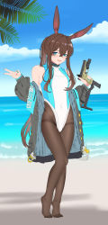Rule 34 | 1girl, :d, absurdres, amiya (arknights), animal ears, arknights, bare shoulders, beach, black coat, blue eyes, blue nails, blue sky, blush, brown pantyhose, clothes writing, coat, collar, competition swimsuit, covered collarbone, dax, full body, glock, gun, handgun, highres, holding, holding gun, holding weapon, horizon, infection monitor (arknights), long hair, looking at viewer, nail polish, no shoes, ocean, one-piece swimsuit, open clothes, open coat, open mouth, outdoors, pantyhose, pantyhose under swimsuit, ponytail, rabbit ears, sidelocks, sky, smile, solo, standing, swimsuit, swimsuit under clothes, thighband pantyhose, trigger discipline, unfinished, very long hair, water, weapon, white one-piece swimsuit, zenge hd