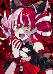 Rule 34 | 1girl, bad id, bad pixiv id, black nails, bow, buchu14569590, colored skin, double bun, grey skin, hair bow, hair bun, heterochromia, hololive, hololive indonesia, kureiji ollie, laughing, mismatched pupils, nail polish, red hair, stitches, torn clothes, virtual youtuber, wrist bow