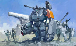 Rule 34 | 4boys, assault visor, commentary, english commentary, gun, helmet, highres, holding, holding gun, holding weapon, looking ahead, mecha, mike doscher, multiple boys, open hand, original, pointing, robot, science fiction, shoulder cannon, soldier, standing, walker (robot), weapon