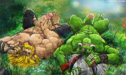 Rule 34 | 2boys, absurdres, armpits, blonde hair, blue eyes, claws, colored skin, completely nude, digimon, digimon (creature), erection, fangs, furry, grass, green skin, highres, horns, kamidu, large penis, leomon, lion boy, lying, male pubic hair, monster boy, multiple boys, muscular, muscular male, nipples, nude, orgemon, outdoors, pectorals, penis, pubic hair, topless male, torn clothes