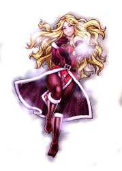 Rule 34 | 1girl, alternate costume, belt, blonde hair, blue eyes, blush, boots, breasts, chiba toshirou, christmas, dress, elbow gloves, full body, fur trim, gloves, high heel boots, high heels, highres, knee boots, kolin, large breasts, long hair, looking at viewer, magic, no headwear, no headwear, outstretched hand, pantyhose, pelvic curtain, purple gloves, purple pantyhose, red dress, running, santa costume, snow, solo, street fighter, street fighter v, thick thighs, thighs