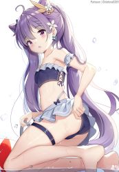 Rule 34 | 1girl, ahoge, alternate costume, ass, bare shoulders, barefoot, bikini, blush, breasts, cameltoe, chinotora, chintora0201, embarrassed, from behind, genshin impact, hair ornament, highres, keqing (genshin impact), kneeling, long hair, looking at viewer, open mouth, purple eyes, purple hair, shiny skin, sideboob, skirt, small breasts, solo, swimsuit, thigh strap, thighs, twintails, very long hair, wet, wet clothes, wet hair