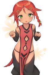Rule 34 | 01 reiichi, 1girl, animal ears, asymmetrical hair, borrowed character, braid, detached sleeves, female focus, green eyes, hair ornament, hairclip, looking at viewer, navel, open mouth, paw pose, red hair, solo, tail