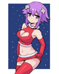 Rule 34 | 1girl, bare shoulders, black panties, blue background, blush, breasts, buttons, choujigen game neptune, cleavage, cleavage cutout, closed mouth, clothes lift, clothing cutout, cowboy shot, crop top, donburi (donburikazoku), elbow gloves, gloves, groin, hair between eyes, hair ornament, heart cutout, large breasts, lifting own clothes, looking at viewer, lowleg, lowleg panties, microskirt, midriff, naughty face, navel, neptune (neptunia), neptune (series), panties, purple eyes, purple hair, red gloves, red skirt, red thighhighs, santa costume, short hair, sidelocks, simple background, skindentation, skirt, skirt lift, smile, snowing, solo, standing, stomach, thighhighs, thighs, underwear