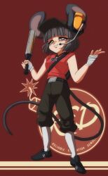 Rule 34 | 1girl, absurdres, animal ears, backpack, bag, baseball bat, belt, black belt, black footwear, black hat, black pants, blunt bangs, bomb, breasts, commentary, cosplay, crystal, dog tags, english commentary, explosive, full body, grey hair, grin, hand wraps, hat, headphones on animal ears, highres, jewelry, looking at viewer, medium bangs, mouse ears, mouse girl, mouse tail, nazrin, pants, pants tucked in, pendant, red scout (tf2), red scout (tf2) (cosplay), red shirt, scout (tf2), shirt, shoes, short hair, sleeveless, sleeveless shirt, small breasts, smile, socks, solo, step arts, tail, team fortress 2, touhou, white socks