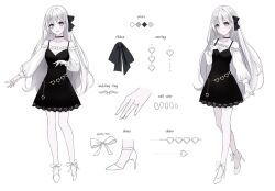 Rule 34 | 1girl, ali orok, anklet, black dress, blush, bow, character sheet, collarbone, commentary, dress, earrings, english commentary, full body, grey eyes, grey hair, hair ribbon, head tilt, heart, heart earrings, high heels, highres, indie utaite, jewelry, lium, long hair, looking at viewer, multiple views, off-shoulder dress, off shoulder, official art, original, ribbon, ring, second-party source, smile, utaite, very long hair, wedding ring, white bow, white footwear, white nails