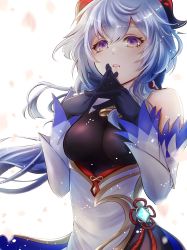 Rule 34 | 1girl, bare shoulders, bell, black gloves, blue hair, breasts, chinese knot, detached sleeves, flower knot, ganyu (genshin impact), genshin impact, gloves, gold trim, highres, horns, hotaru haizuki5, interlocked fingers, long hair, looking at viewer, low ponytail, medium breasts, multicolored eyes, neck bell, open mouth, own hands together, petals, purple eyes, solo, upper body, vision (genshin impact), white background, white sleeves