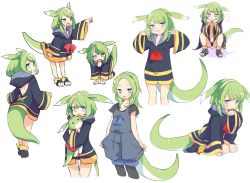 Rule 34 | 1girl, animal ears, blue eyes, character sheet, done (donezumi), female focus, green hair, original, simple background, sleeves past wrists, solo, squatting, symbol-shaped pupils, tail, white background