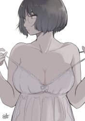 Rule 34 | 1girl, absurdres, bob cut, breasts, brown hair, cleavage, collarbone, commentary request, dress, glasses, hadashi no kenji, highres, looking to the side, medium breasts, original, solo, undressing, upper body, white background, white dress