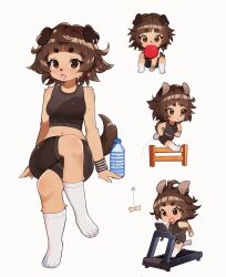 Rule 34 | 1girl, ahoge, animal ears, bike shorts, black hair, blush, body fur, bottle, breasts, chibi, crossed legs, dog ears, dog girl, dog tail, ear piercing, exercising, female focus, furry, furry female, highres, hurdle, jumping, medium breasts, methynecros, midriff, mouth hold, original, piercing, running, serious, simple background, sitting, socks, solo, sports bra, sweat, tail, tongue, tongue out, treadmill, water bottle, white background, wristband