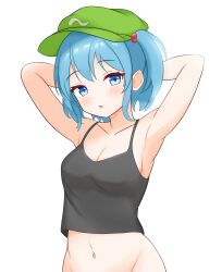 Rule 34 | 1girl, armpits, arms behind head, black tank top, blue eyes, blue hair, bottomless, breasts, cleavage, commentary, flat cap, green hat, groin, hair bobbles, hair ornament, hat, highres, kasoka soka, kawashiro nitori, looking at viewer, medium breasts, open mouth, short hair, simple background, solo, tank top, touhou, two side up, upper body, white background