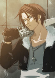 Rule 34 | 1990s (style), 1boy, blue eyes, brown hair, collarbone, final fantasy, final fantasy viii, fur trim, griever, gunblade, jacket, jewelry, looking at viewer, male focus, necklace, scar, short hair, solo, squall leonhart, tierra818, weapon, zipper
