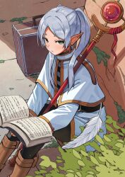 Rule 34 | 1girl, belt, black belt, black pantyhose, book, brown footwear, capelet, commentary request, dangle earrings, earrings, elf, expressionless, falling feathers, feathers, flat chest, frieren, green eyes, grey hair, highres, holding, holding book, jewelry, light blush, long sleeves, looking at viewer, mage staff, moss, neko (hansinn), open book, outdoors, pantyhose, parted bangs, plant, pointy ears, shirt, sitting, solo, sousou no frieren, striped clothes, striped shirt, suitcase, twintails, white capelet, white feathers