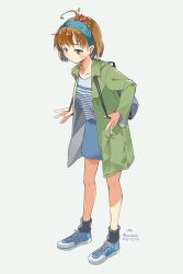 Rule 34 | 1girl, 2018, ahoge, alternate costume, animal, animal on head, backpack, bag, black socks, blue footwear, blue hairband, blue skirt, brown hair, commentary, crab, dated, full body, green jacket, hairband, jacket, kantai collection, kusakabe (kusakabeworks), oboro (kancolle), on head, pet, shirt, shoes, short hair, simple background, skirt, sneakers, socks, solo, striped clothes, striped shirt, twitter username, white background