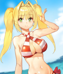 Rule 34 | 1girl, ahoge, arm up, bare shoulders, bikini, blue sky, breasts, cleavage, closed mouth, cloud, cloudy sky, criss-cross halter, day, dutch angle, earrings, fate/grand order, fate (series), green eyes, hair intakes, halterneck, jewelry, large breasts, light smile, long hair, looking at viewer, navel, nero claudius (fate), nero claudius (fate) (all), nero claudius (swimsuit caster) (fate), outdoors, shovelwell, side-tie bikini bottom, sky, solo, striped bikini, striped clothes, swimsuit, twintails