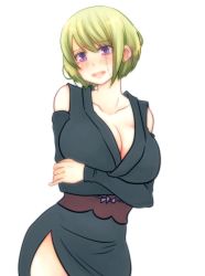 Rule 34 | 1girl, absurdres, black kimono, black sleeves, blonde hair, blush, breasts, cleavage, collarbone, crossed arms, detached sleeves, facial scar, gintama, hair between eyes, highres, japanese clothes, kimono, large breasts, long sleeves, looking at viewer, obi, open mouth, paleatus, purple eyes, sash, scar, scar on cheek, scar on face, short hair, simple background, sleeveless, sleeveless kimono, solo, standing, tsukuyo (gintama), white background