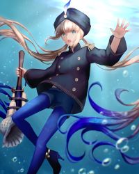 Rule 34 | 1boy, absurdres, air bubble, black headwear, black jacket, blue hair, blue pants, blush, bubble, captain nemo (fate), conch, fate/grand order, fate (series), gradient hair, green eyes, hat feather, high heels, highres, horn (instrument), jacket, kankitsurui (house of citrus), light brown hair, long hair, long sleeves, looking at viewer, multicolored hair, nemo (fate), open mouth, pants, pantyhose, solo, thighs, tight clothes, tight pants, turban, two-tone hair, underwater