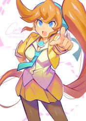 Rule 34 | 1girl, :d, ace attorney, arm behind back, athena cykes, blue eyes, blue hairband, blue necktie, brown pantyhose, collared shirt, cowboy shot, crescent, crescent earrings, cropped jacket, earrings, hairband, highres, jacket, jewelry, lapels, long hair, loose necktie, necklace, necktie, open collar, open mouth, orange hair, pantyhose, pointing, pointing at viewer, pokeno255, shirt, side ponytail, sidelocks, simple background, single earring, skirt, sleeves rolled up, smile, solo, thank you, twitter username, untucked shirt, v-shaped eyebrows, very long hair, white background, white shirt, yellow jacket, yellow skirt