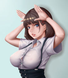 Rule 34 | 1girl, black skirt, blue background, blue eyes, blunt bangs, breasts, brown hair, bunny ears gesture, buttons, collared shirt, dress shirt, dydydyok, hair ornament, hairclip, hands up, highres, impossible clothes, impossible shirt, large breasts, lips, lipstick, looking at viewer, makeup, meme attire, nose, original, parted lips, pencil skirt, pink lips, rabbit pose, shirt, short hair, short sleeves, simple background, skirt, solo, suspender skirt, suspenders, tight clothes, upper body, virgin killer outfit, white shirt
