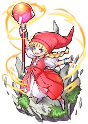 Rule 34 | 1girl, :d, arm up, blonde hair, bow, bracelet, braid, cross-laced clothes, dragon quest, dragon quest xi, dress, full body, grass, hat, highres, holding, holding staff, jewelry, legs apart, long hair, looking at viewer, magic, no nose, open mouth, puffy short sleeves, puffy sleeves, purple eyes, red bow, red hat, short sleeves, smile, solo, staff, veronica (dq11), waist bow, white background, white dress, yuduki (tt-yuduki)