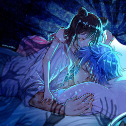 1boy 1girl age_difference artist_name babydoll bare_shoulders bed_sheet black_hair blanket blue_hair blue_scales blurry burn_scar closed_eyes depth_of_field double_bun facial_mark fate/grand_order fate_(series) forehead_mark gradient_hair hair_bun hair_over_one_eye hand_on_another&#039;s_arm hans_christian_andersen_(adult)_(fate) hans_christian_andersen_(fate) holding holding_blanket holding_pillow kiss kissing_head long_hair lying multicolored_hair off_shoulder on_stomach parted_lips pillow pink_babydoll pink_hair scales scar scar_on_arm sessyoin_kiara sessyoin_kiara_(lily) shadow_hands shirt short_hair sleeping sleeves_pushed_up striped_clothes striped_shirt sweat under_covers vertical-striped_clothes vertical-striped_shirt white_shirt worrisorochi