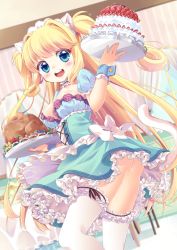 Rule 34 | 1girl, :d, animal ears, ass, blonde hair, blue eyes, breasts, cake, cat ears, cat tail, cleavage, dress, food, frilled dress, frilled thighhighs, frills, highres, kuune rin, maid, maid headdress, moe2015, open mouth, original, smile, tail, thighhighs, tray, white thighhighs, wrist cuffs