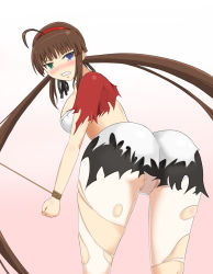 Rule 34 | 10s, 1girl, ahoge, angry, ass, assisted exposure, bdsm, blue eyes, blush, bondage, bound, bound wrists, breasts, brown hair, clenched teeth, female focus, from behind, green eyes, hairband, heterochromia, large breasts, leaning, leaning forward, long hair, looking at viewer, panties, panties under pantyhose, pantyhose, ryoubi (senran kagura), senran kagura, shiny clothes, shiny skin, sideboob, skindentation, solo, tears, teeth, teion, torn clothes, torn pantyhose, twintails, underwear, very long hair